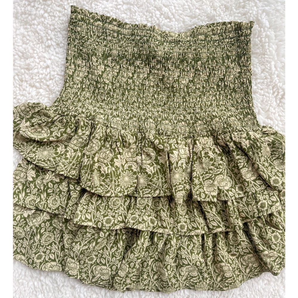 Easel Floral Print Ruffle Draped Green Beige Mini Skirt Women Size L Spring Tan